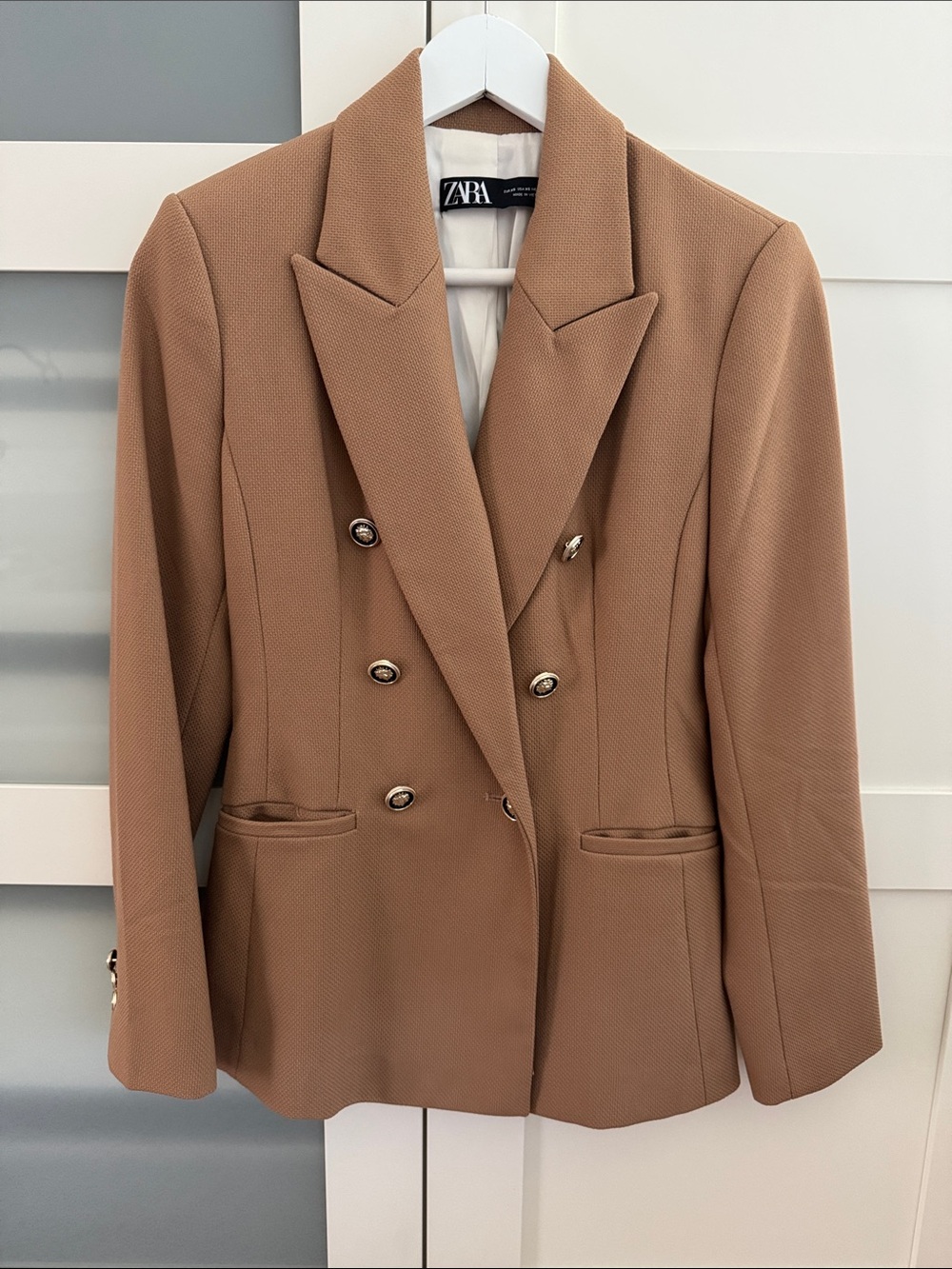 Zara Double-Breasted Camel Blazer with Gold Buttons